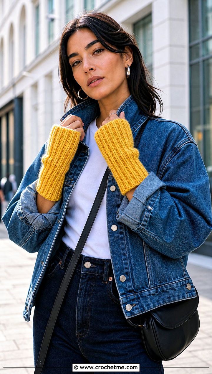 Ribbed Crochet Wrist Warmers With Denim Jacket - 25 Crochet For Fingerless Gloves outfit ideas