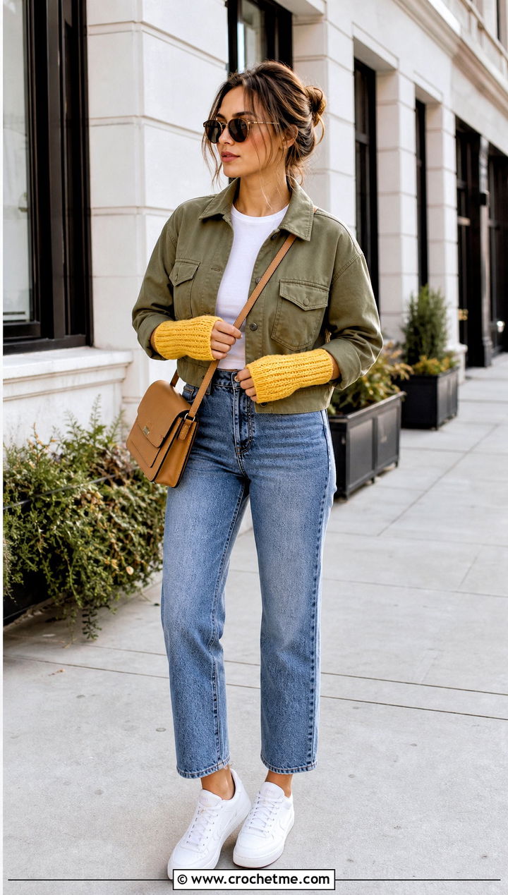 Ribbed Crochet Wrist Warmers With Straight Leg Jeans - 35 crochet handwarmers outfit ideas