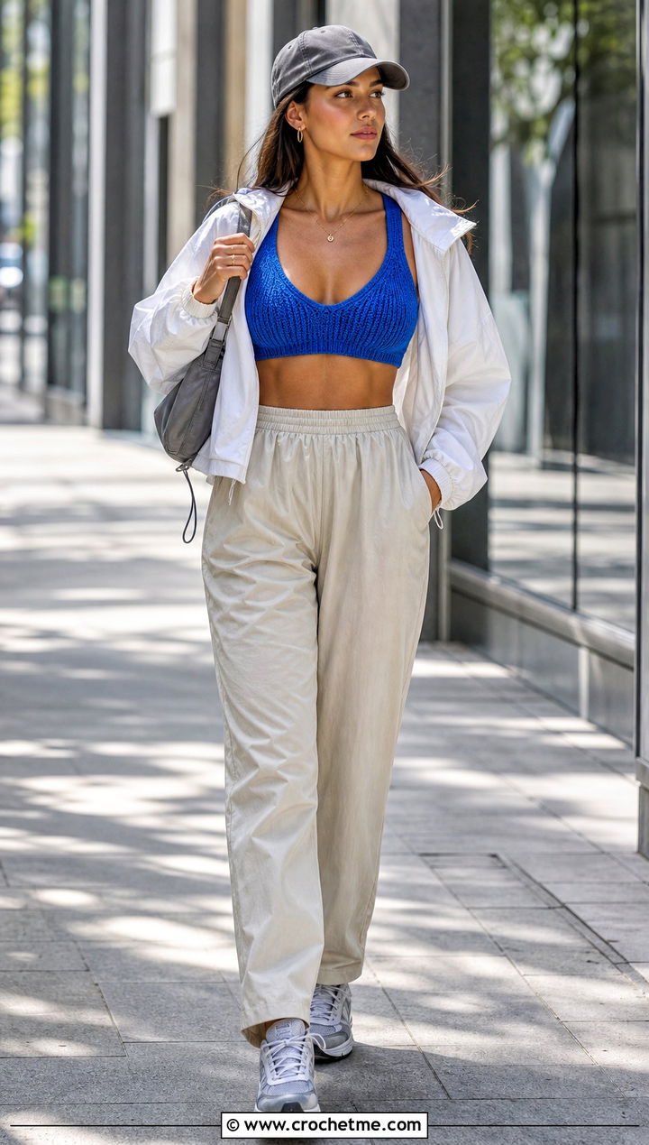 Ribbed Crocheted Bralette With Track Pants And Windbreaker - 20 crocheted bralette outfit ideas