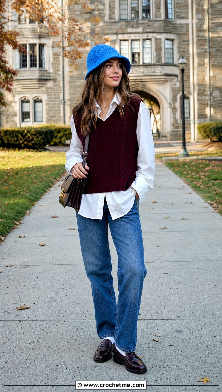 Ribbed Crocheted Bucket Hat With Sweater Vest - 35 Crocheted Bucket Hat outfit ideas