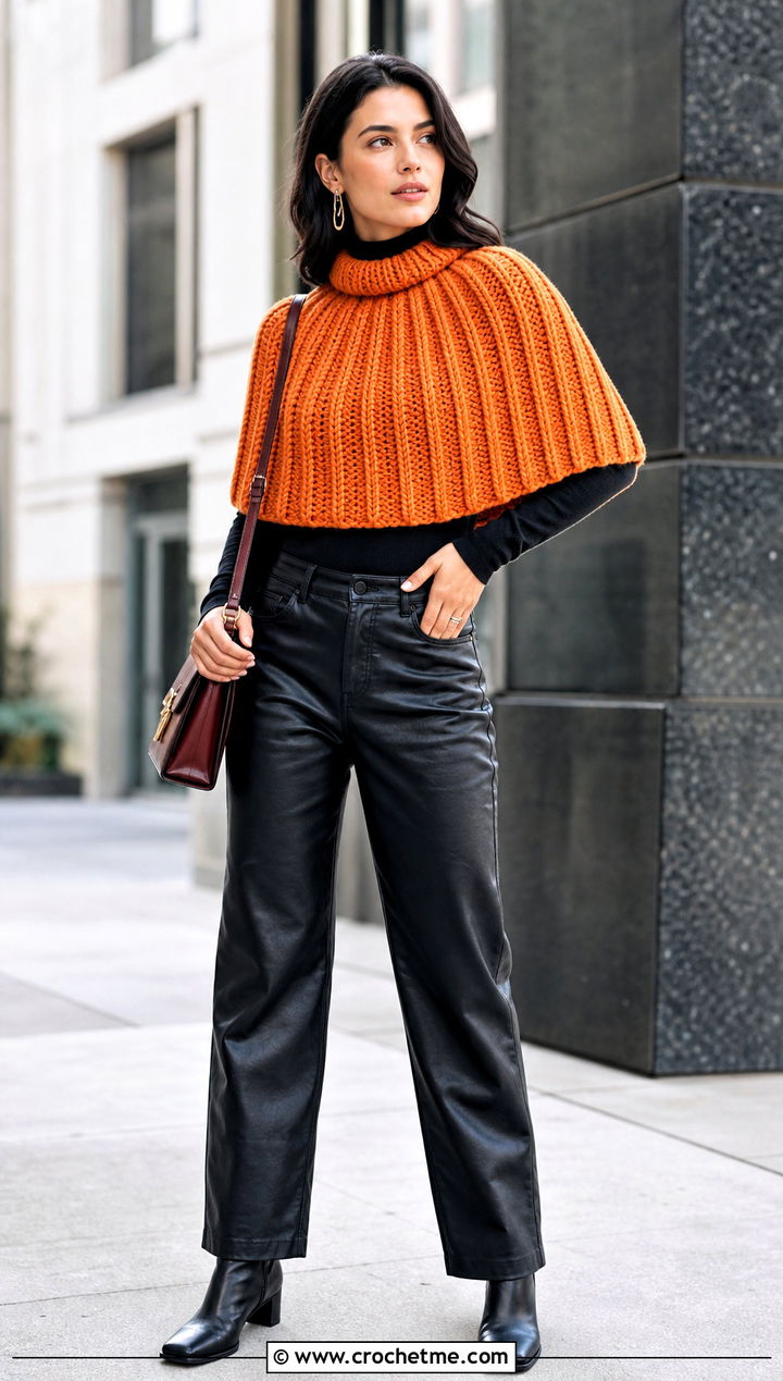 Ribbed Crocheted Capelet With Leather Pants - 25 Crocheted Capelet outfit ideas
