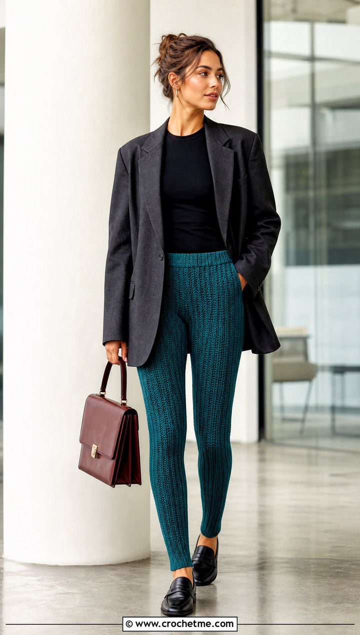 Ribbed Crocheted Leggings With Blazer And Loafers - 20 Crocheted Leggings outfit ideas