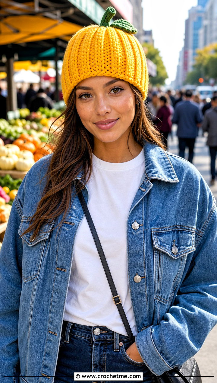 Ribbed Crocheted Pumpkin Beanie With Denim Jacket And Jeans - 15 Crocheted Pumpkin Hat outfit ideas