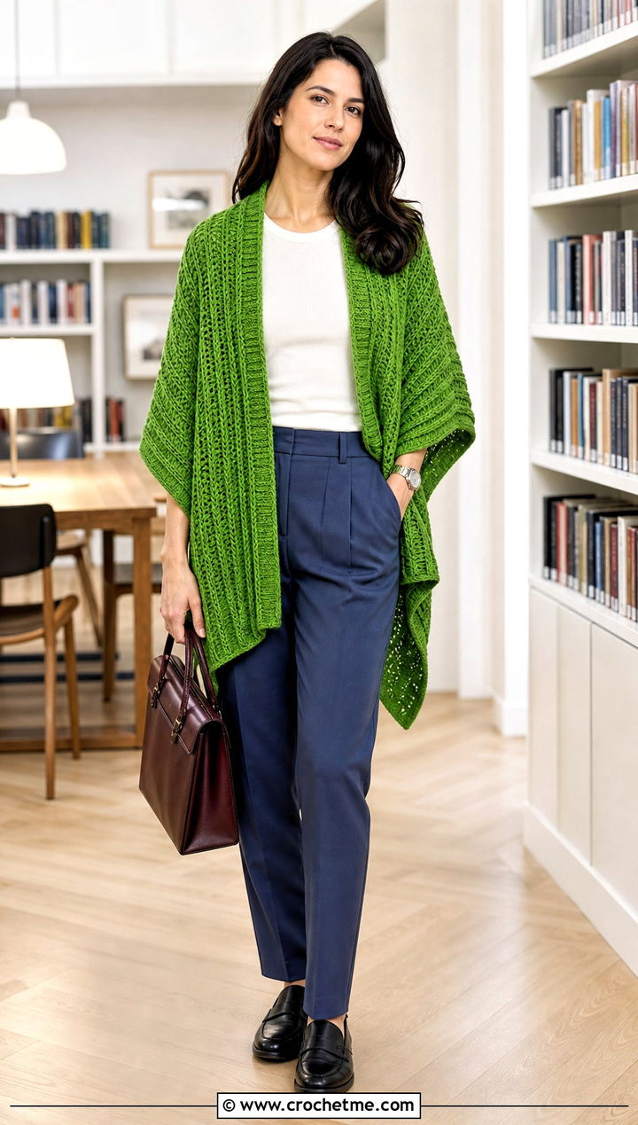 Ribbed Crocheted Ruana With Pleated Trousers And Loafers - 20 Crocheted Ruana outfit ideas