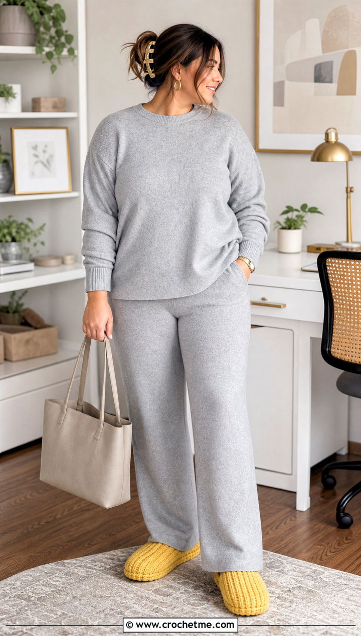 Ribbed Crocheted Slippers With a Knit Lounge Set - 35 crocheted slippers outfit ideas