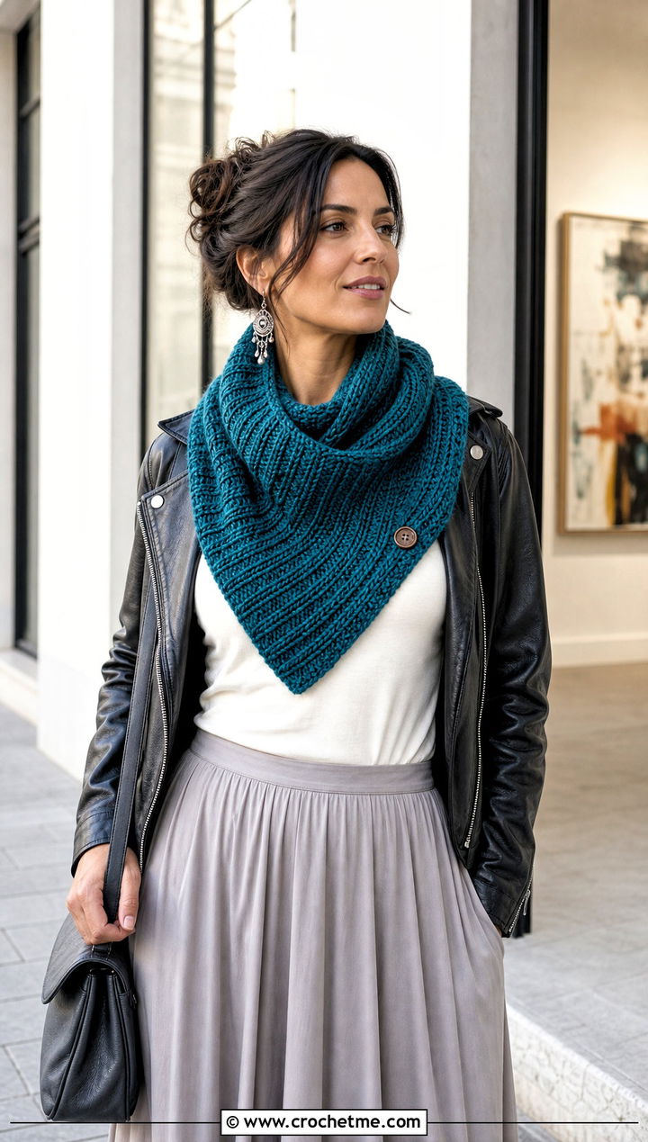 Ribbed Crossbody Crochet Cowl With Leather Jacket And Midi Skirt - 15 Crossbody Crochet Cowl outfit ideas