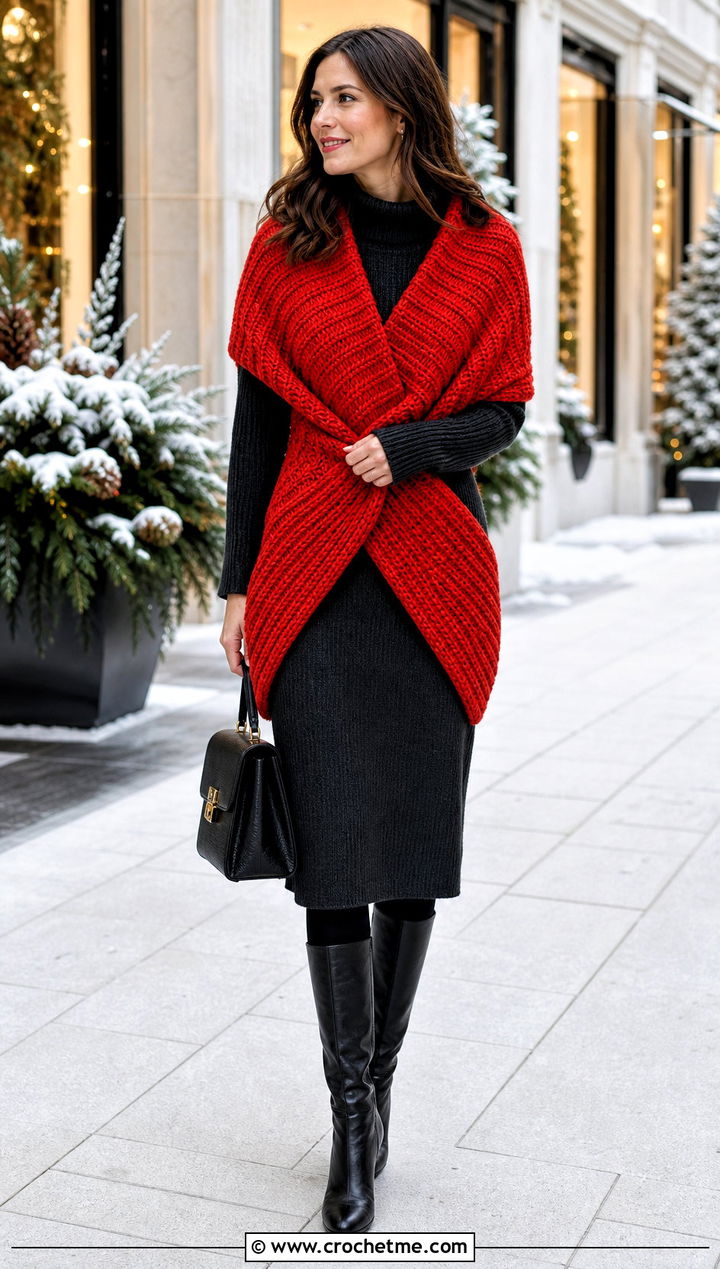 Ribbed Crossover Outlander Shawl With Sweater Dress - 35 crochet outlander shawl outfit ideas