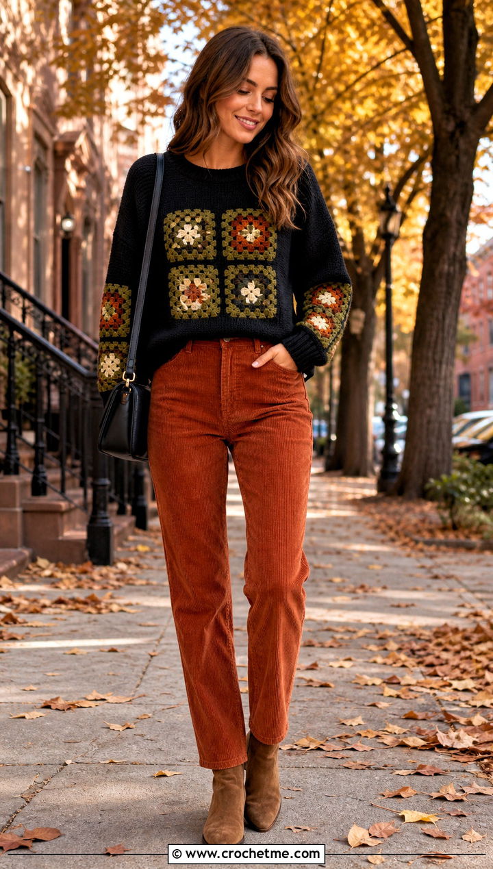 Ribbed Cuff Black Granny Square Sweater With Corduroy Pants - 25 black granny square sweater outfit ideas