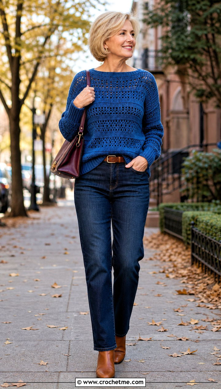 Ribbed Cuff Boatneck Crochet Sweater With Dark Wash Jeans - 25 Boatneck Crochet Sweater outfit ideas