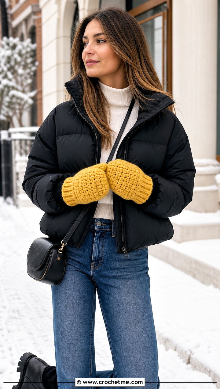 Ribbed Cuff Bulky Crochet Mittens With Puffer Coat - 20 Crochet Mittens Bulky Yarn outfit ideas