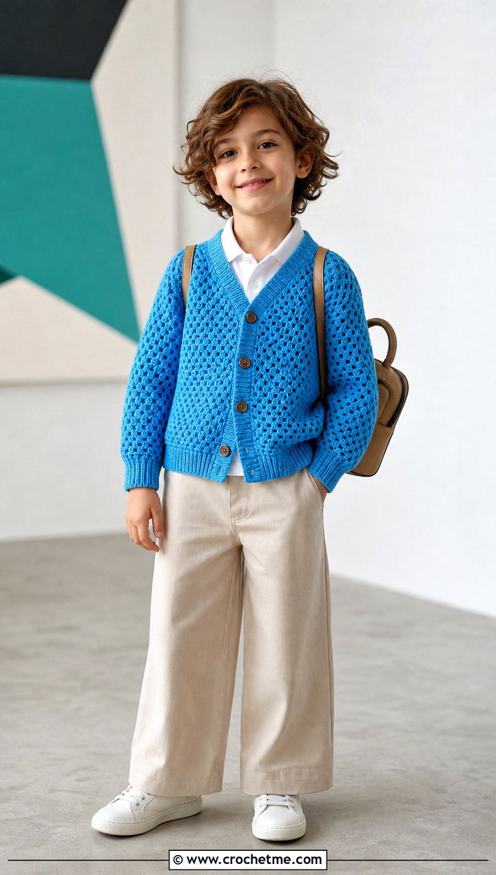 Ribbed Cuff Childs Hexagon Cardigan With Wide Leg Trousers - 15 Crochet Childs Hexagon Cardigan outfit ideas