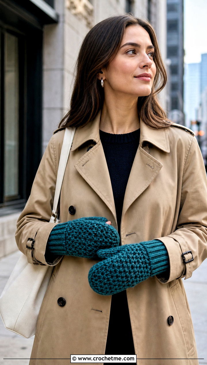 Ribbed Cuff Chunky Crochet Mittens With Trench Coat - 20 Chunky Yarn Crochet Mittens outfit ideas