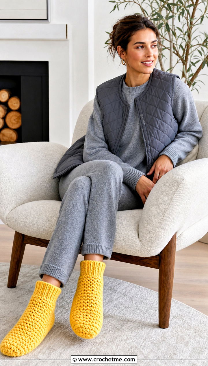 Ribbed Cuff Chunky Crochet Slipper Socks With Matching Knit Set - 15 chunky crochet slipper socks outfit ideas