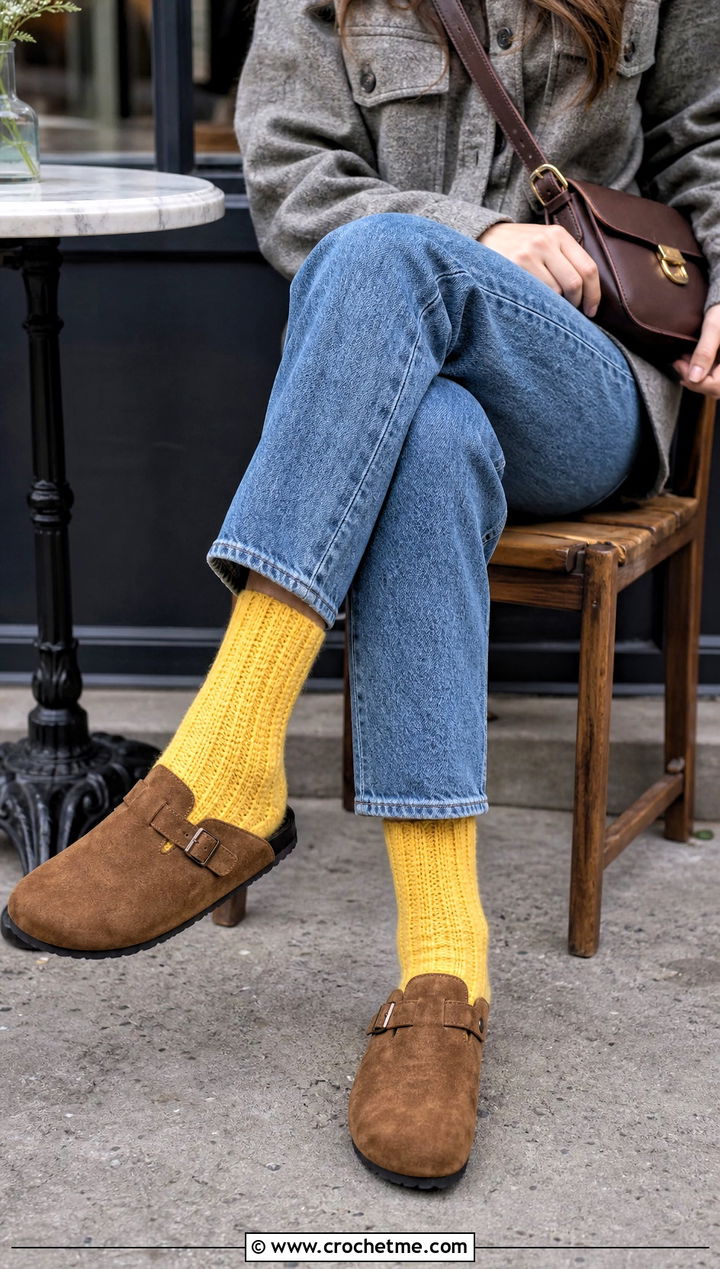 Ribbed Cuff Crew Crochet Winter Socks With Straight Leg Jeans - 30 crochet winter socks outfit ideas