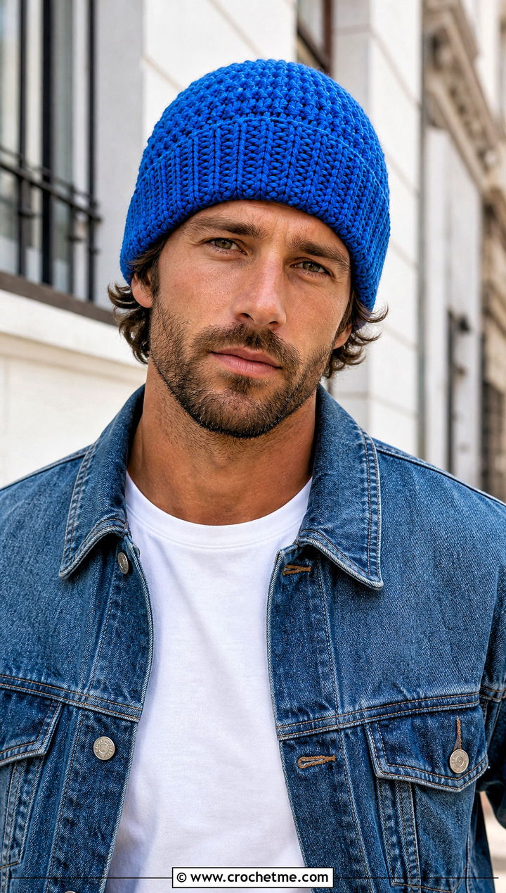 Ribbed Cuff Crochet Beanie With Denim Jacket - 30 mens crochet hats men's beanie outfit ideas