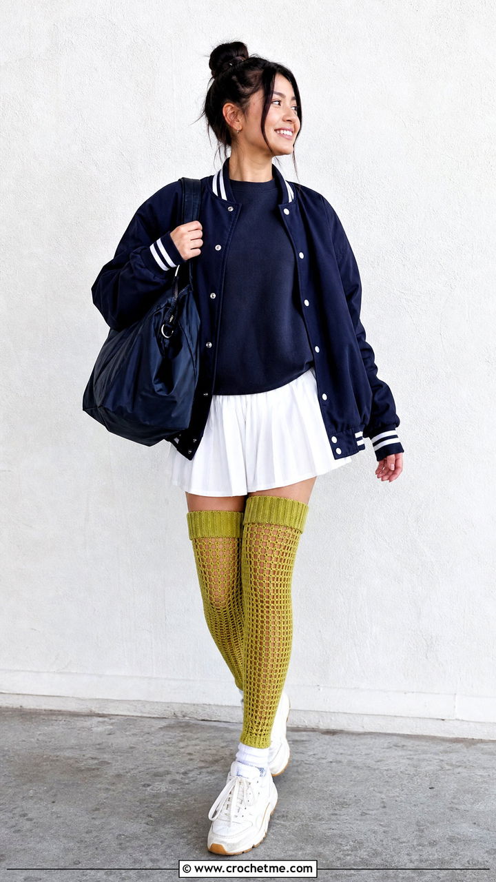 Ribbed Cuff Crochet Fishnet Stockings With Tennis Skirt - 35 crochet fishnet stockings outfit ideas