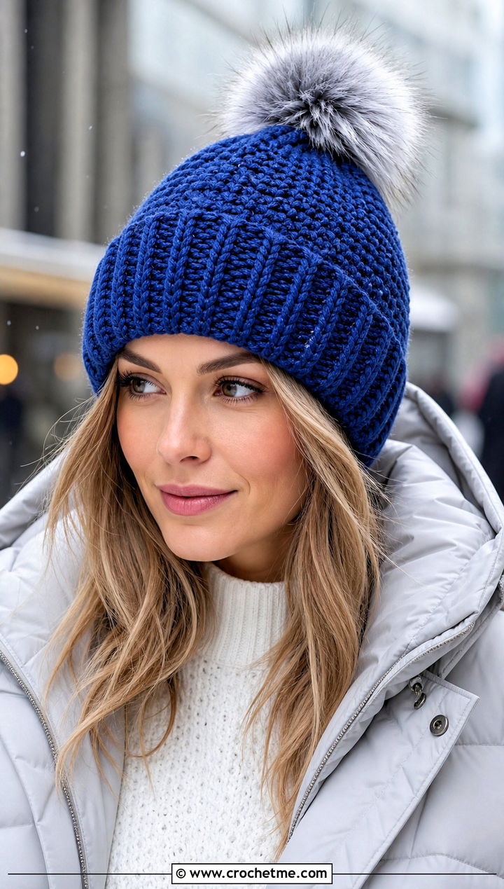 Ribbed Cuff Crochet Hat With Puffer Jacket And Jeans - 15 Crochet Hat With Fur Pom Pom outfit ideas