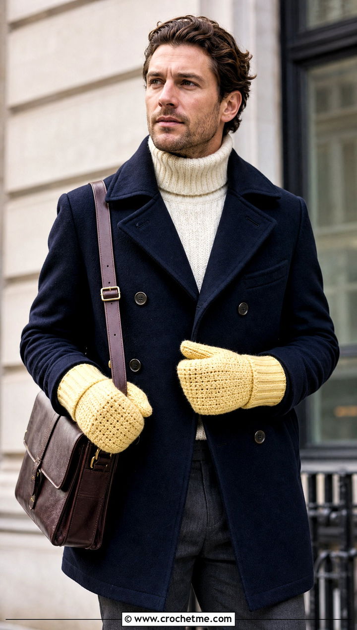 Ribbed Cuff Crochet Mittens With Peacoat - 25 crochet mittens for men outfit ideas