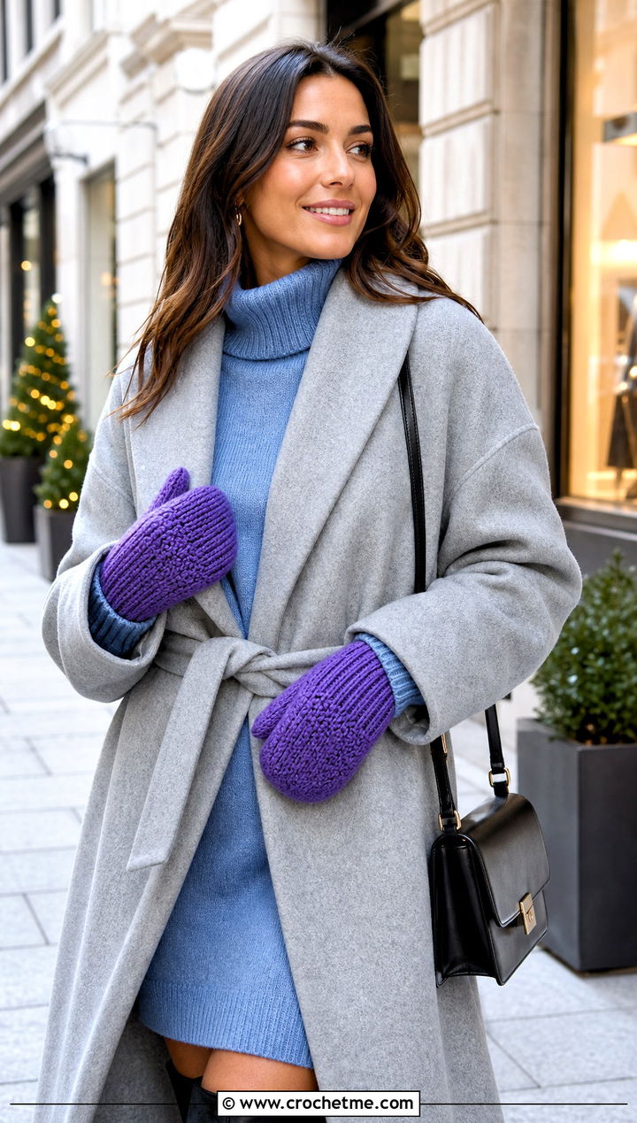Ribbed Cuff Crochet Mittens With Sweater Dress And Knee Boots - 25 Easy Crocheted Mittens outfit ideas