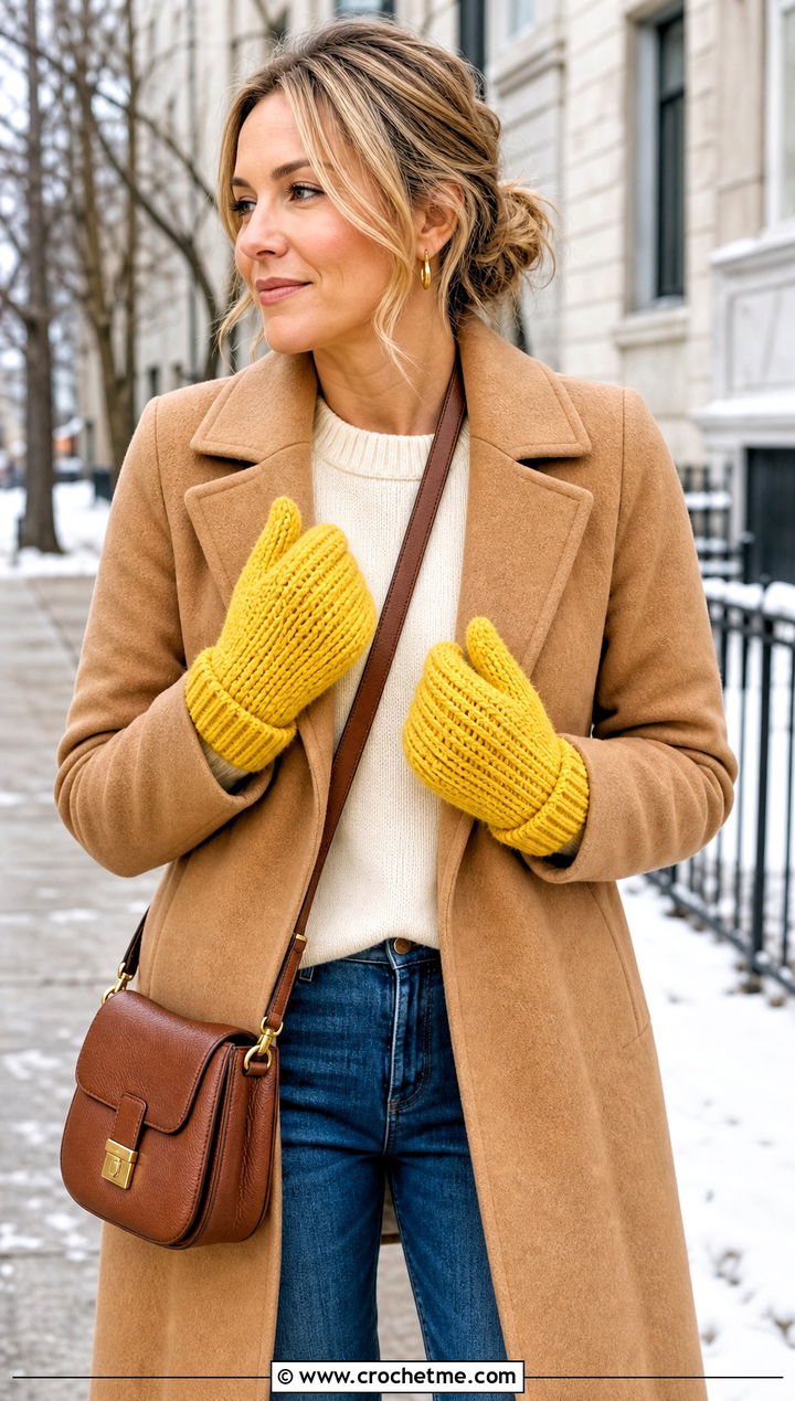 Ribbed Cuff Crochet Mittens With Wool Coat and Jeans - 25 Simple Crochet Mittens outfit ideas