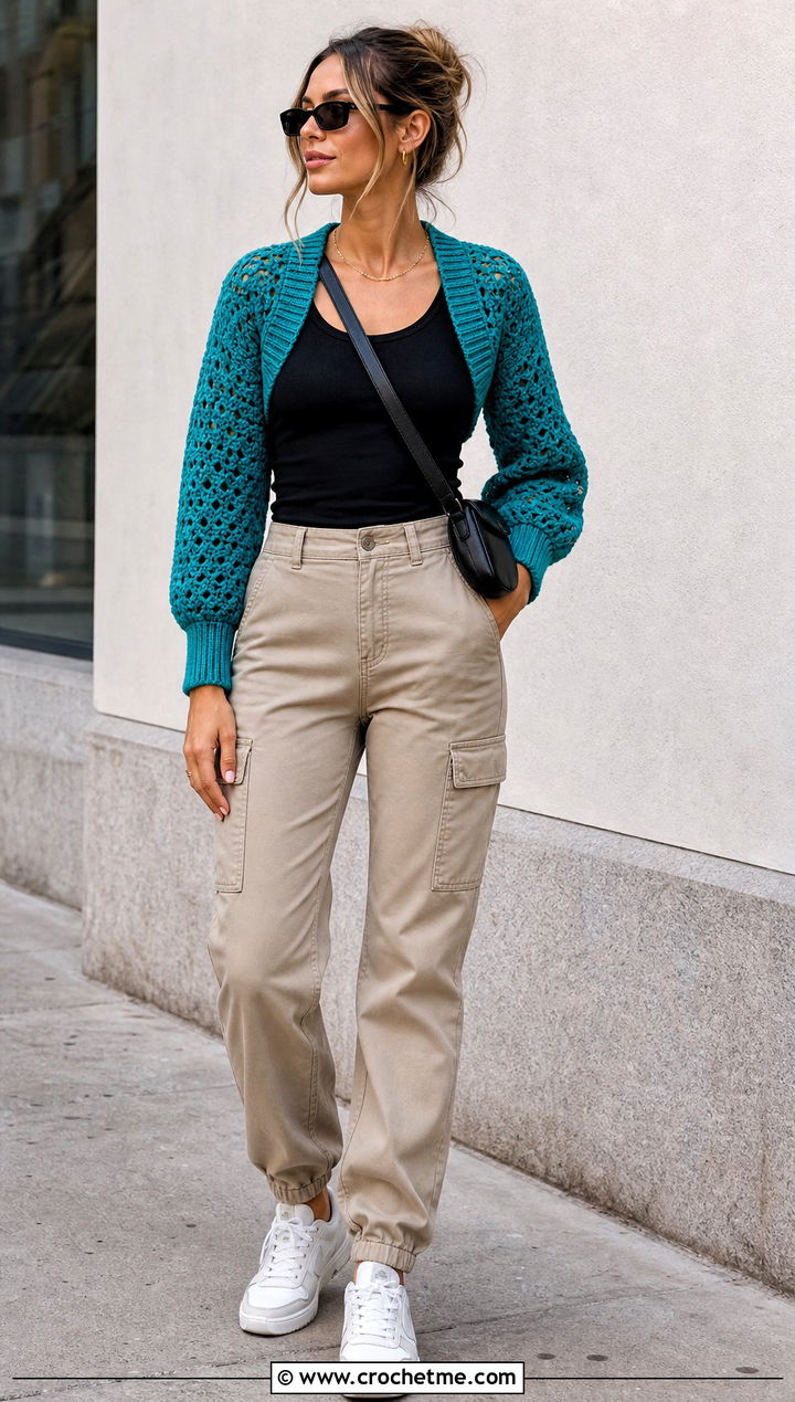 Ribbed Cuff Crochet Shrug With Cargo Pants - 20 Super Cropped Crochet Sweater outfit ideas