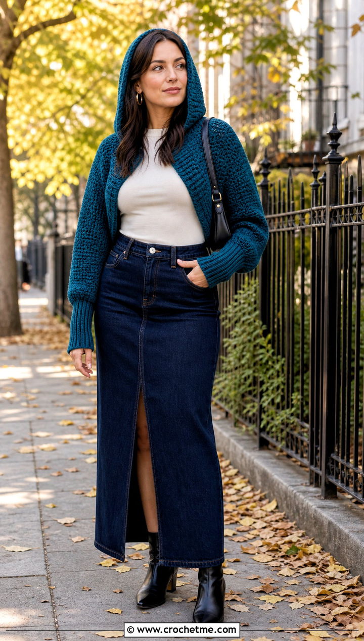 Ribbed Cuff Crochet Shrug With Hood And Denim Maxi Skirt - 25 crochet shrug with hood outfit ideas