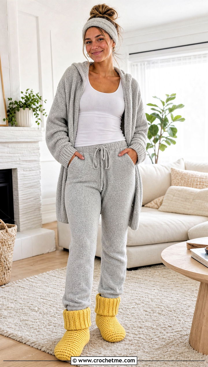 Ribbed Cuff Crochet Slipper Boots With Knit Lounge Set - 35 crochet slipper boots outfit ideas