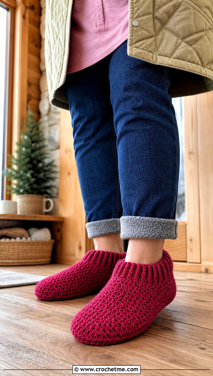 Ribbed Cuff Crochet Slippers With Fleece Lined Jeans - 25 crochet winter slippers outfit ideas