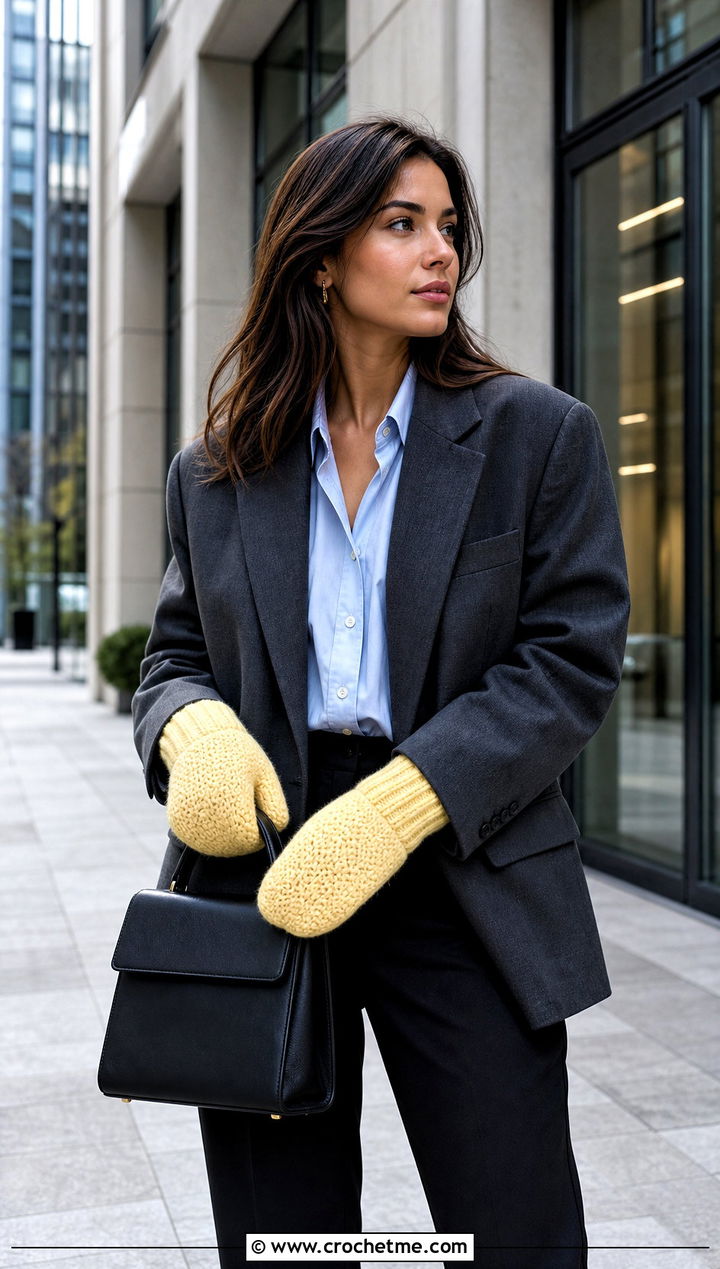 Ribbed Cuff Crocheted Mittens With Blazer - 30 Crocheted Mittens outfit ideas