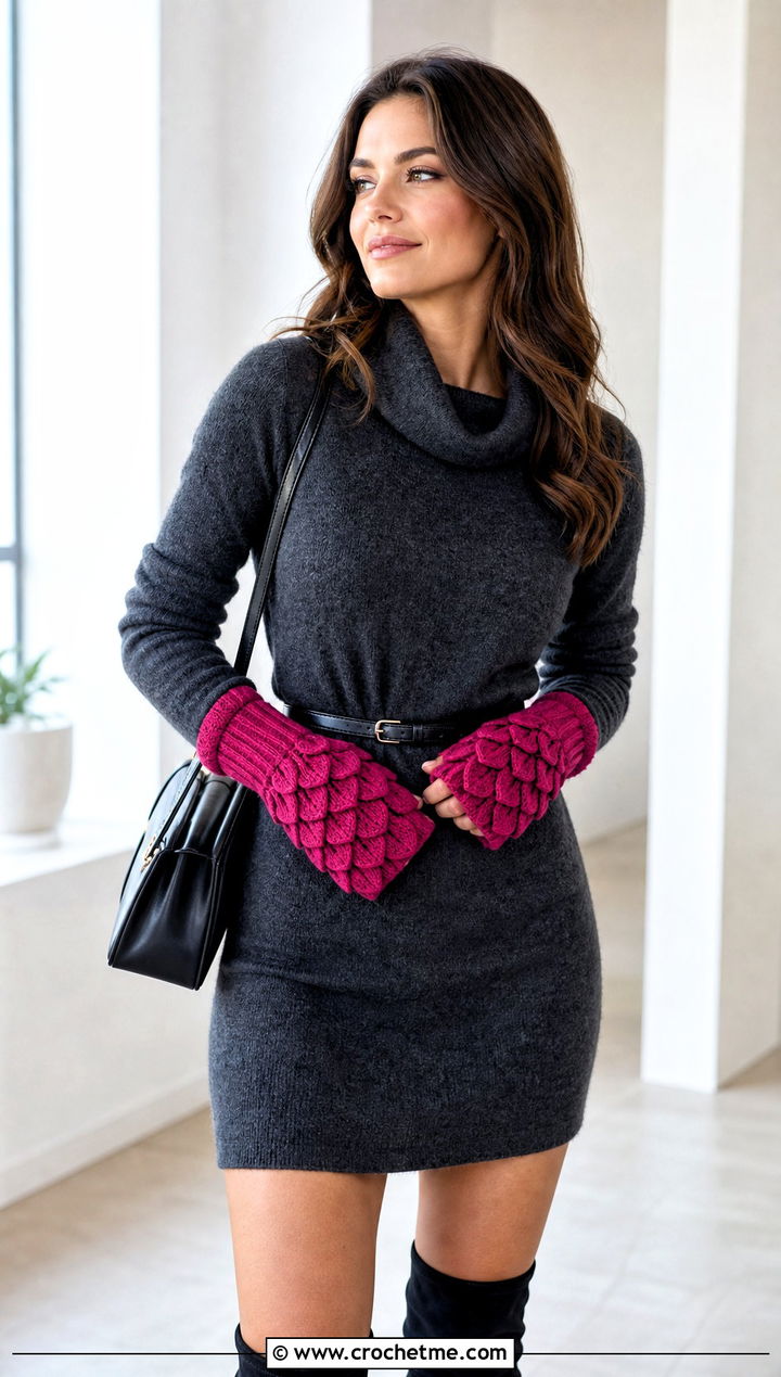 Ribbed Cuff Dragon Scale Gloves With Sweater Dress - 30 dragon scale crochet gloves outfit ideas