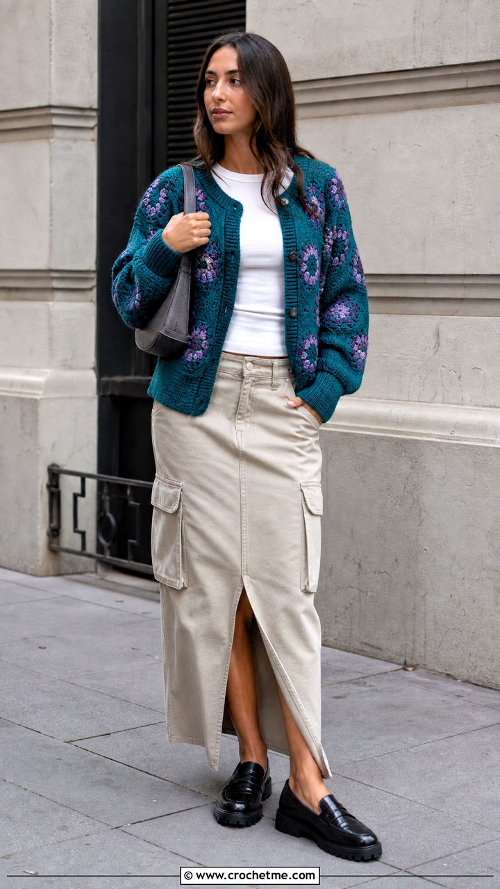 Ribbed Cuff Granny Cardigan With Cargo Maxi Skirt - 35 crochet granny cardigan outfit ideas