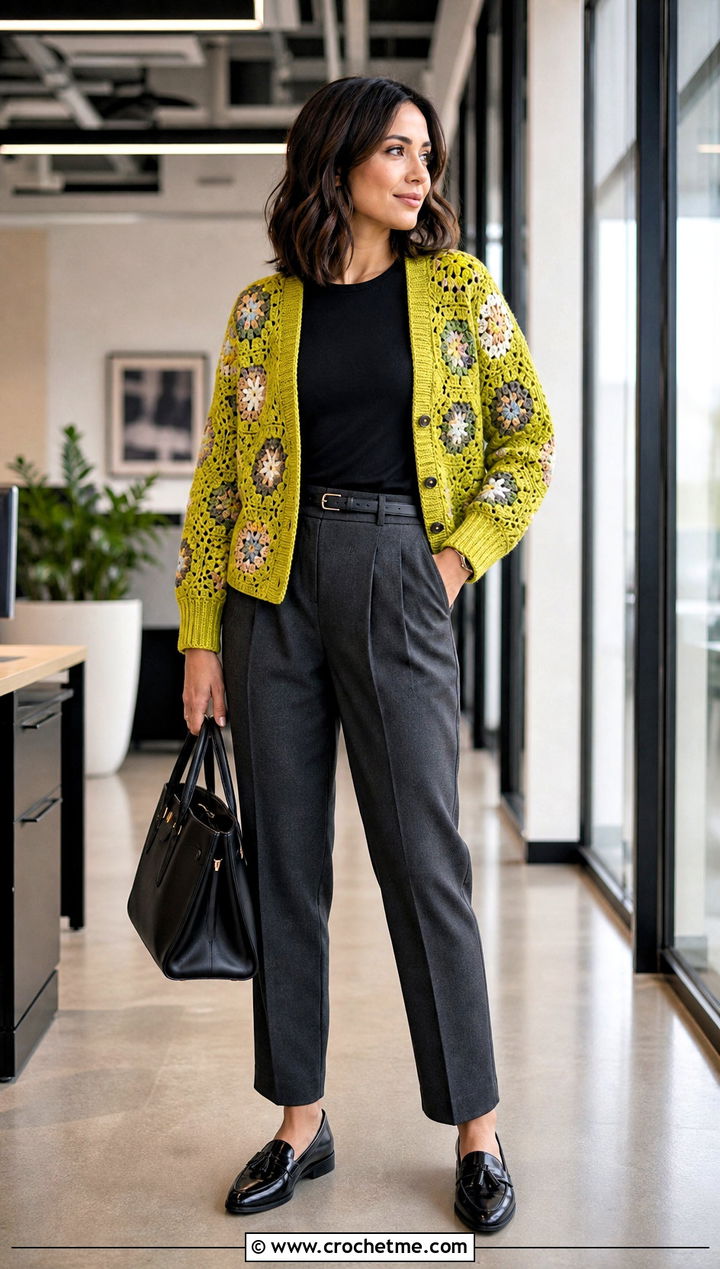 Ribbed Cuff Granny Hexagon Crochet Cardigan With Pleated Trousers - 20 Hexagon Crochet Cardigan With Granny Squares outfit ideas
