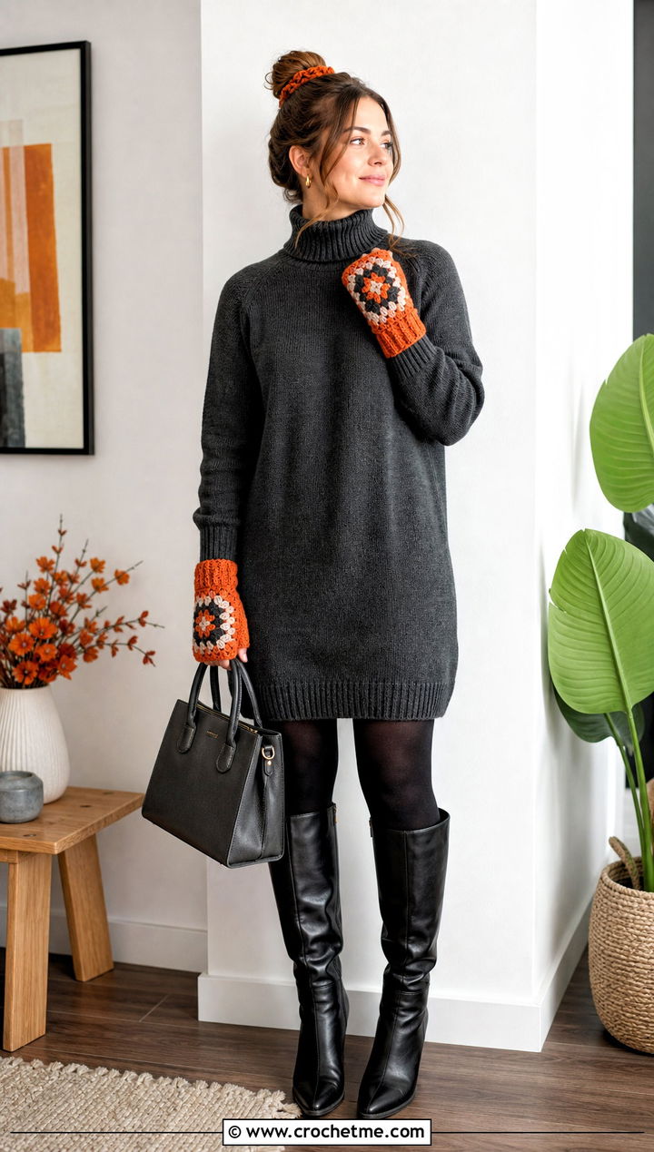 Ribbed Cuff Granny Square Fingerless Gloves With Sweater Dress - 35 granny square fingerless gloves outfit ideas