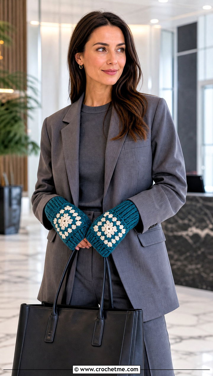 Ribbed Cuff Granny Square Gloves With Trouser Suit - 20 Fingerless Granny Square Gloves outfit ideas