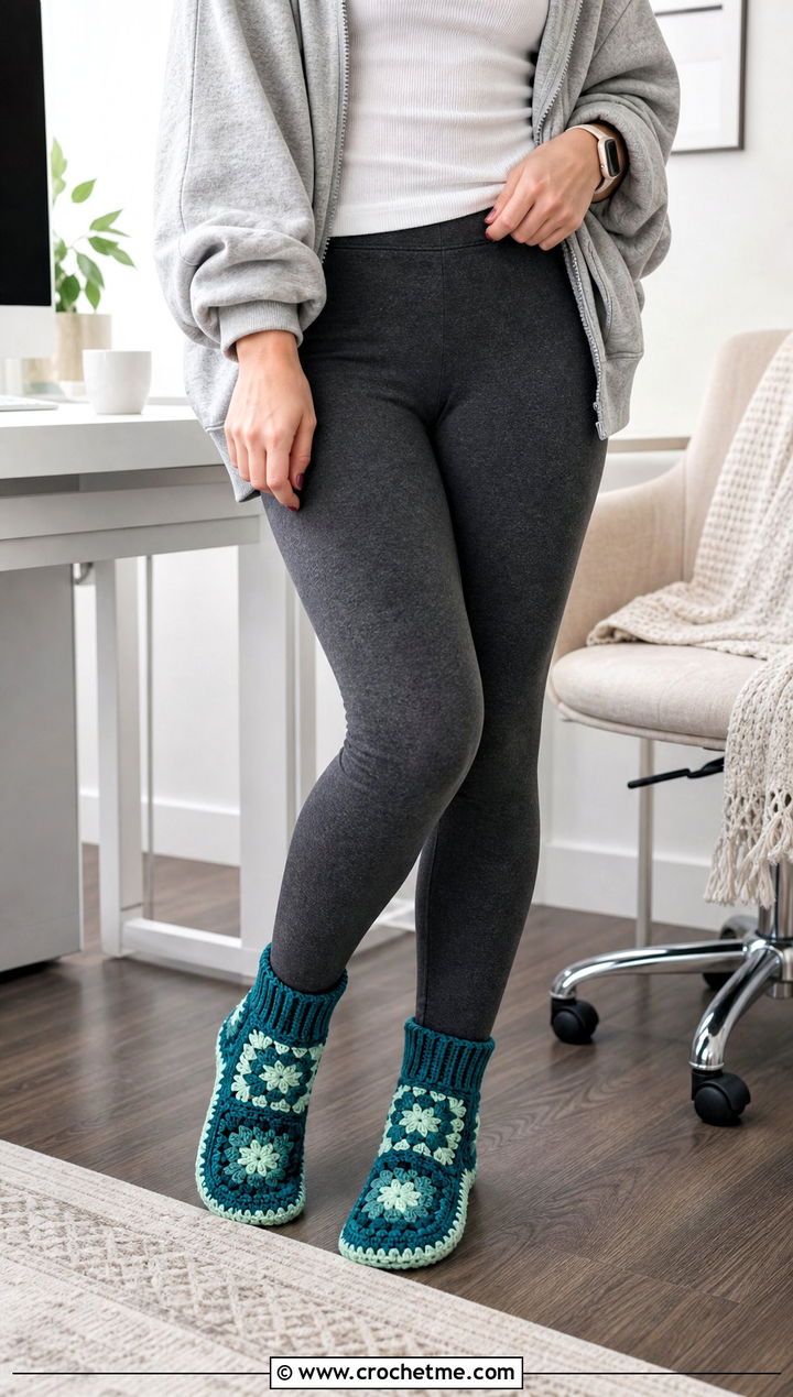 Ribbed Cuff Granny Square Slipper Socks With Leggings And A Sweatshirt - 15 Granny Square Slipper Socks outfit ideas