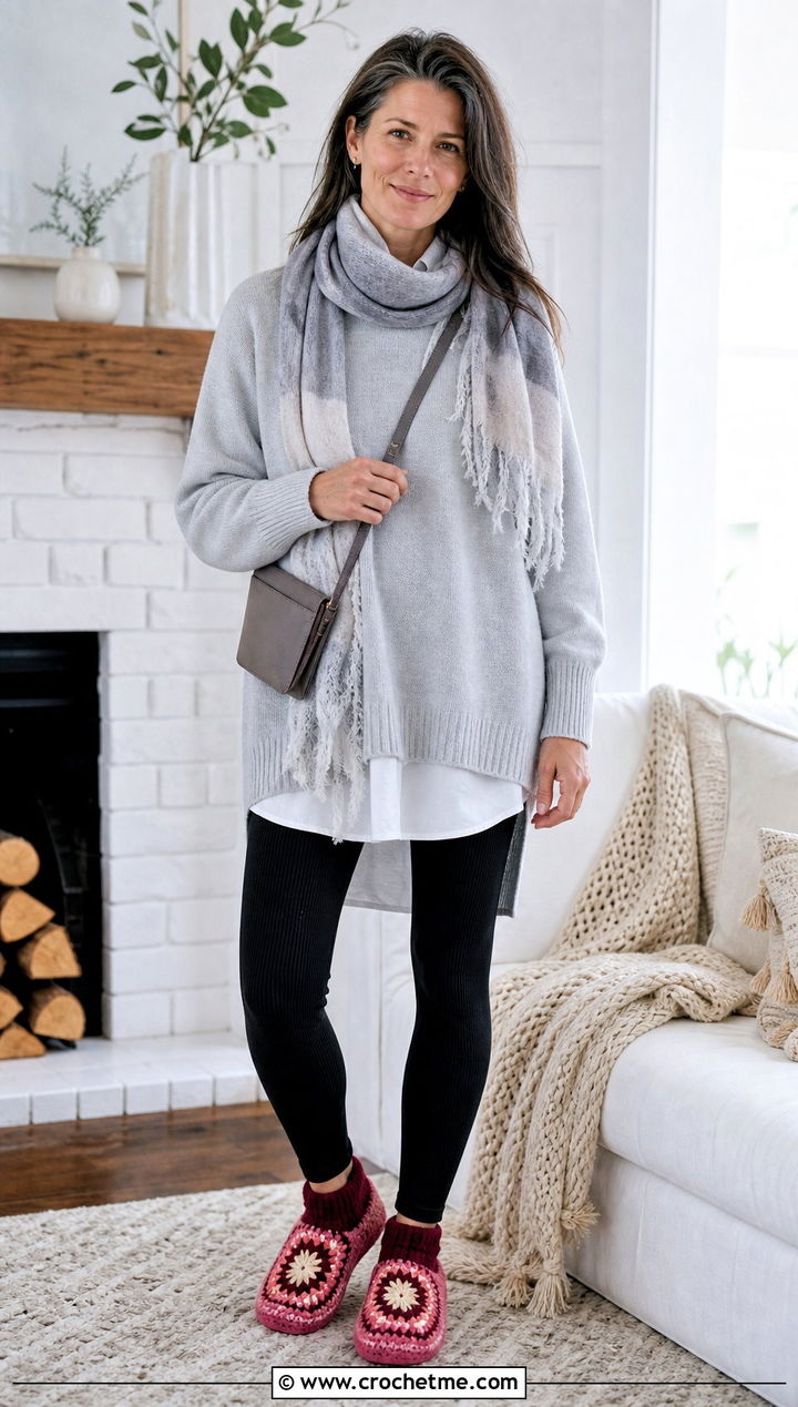 Ribbed Cuff Granny Square Slippers With Knit Leggings - 35 granny square slippers outfit ideas