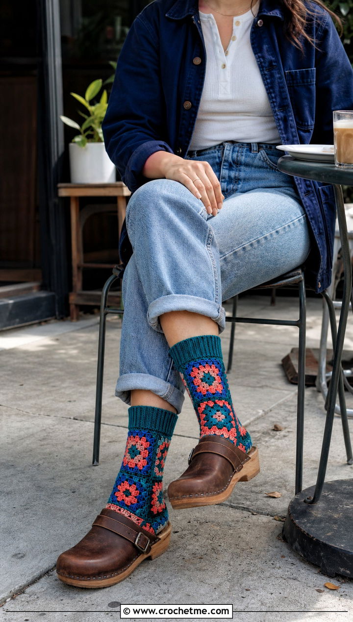 Ribbed Cuff Granny Square Socks With Mom Jeans And Clogs - 35 crochet granny square socks outfit ideas