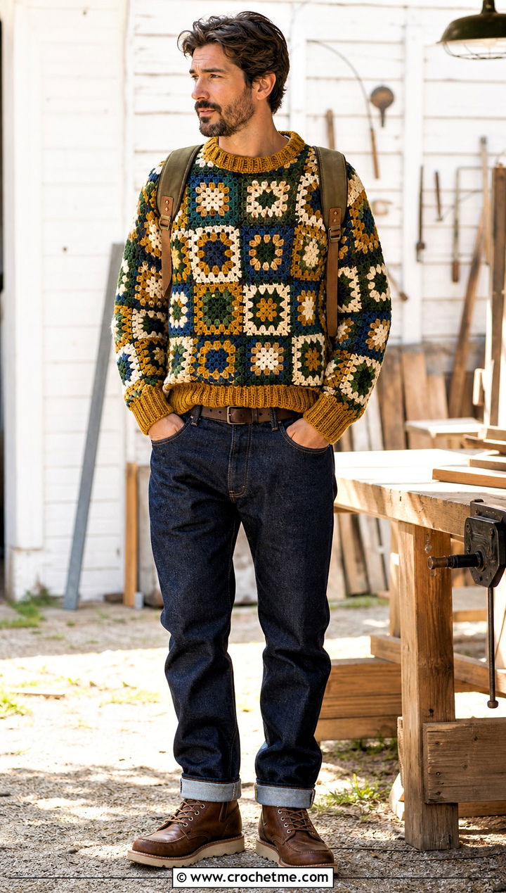 Ribbed Cuff Granny Square Sweater With Raw Denim - 25 Crochet Granny Square Sweater For Men outfit ideas