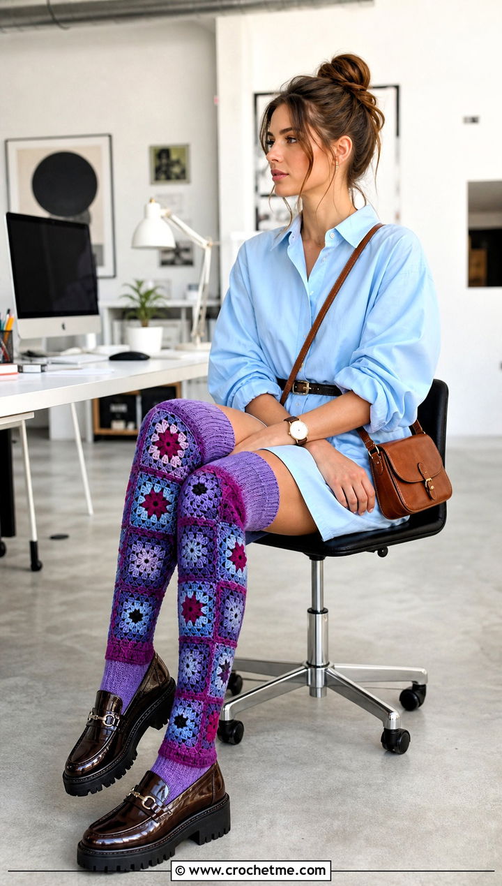 Ribbed Cuff Granny Square Thigh High Socks With Shirt Dress - 25 granny square thigh high socks outfit ideas