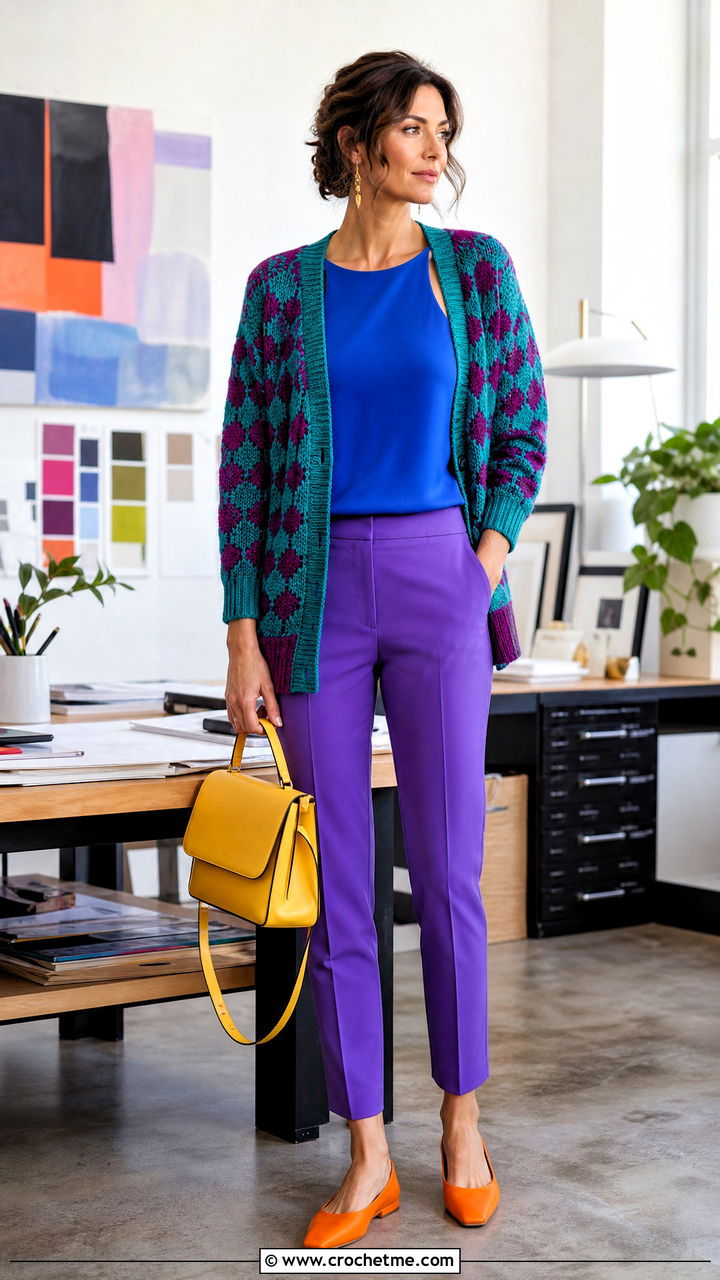 Ribbed Cuff Hexagon Cardigan With Cigarette Pants - 35 crochet hexagon cardigan outfit ideas