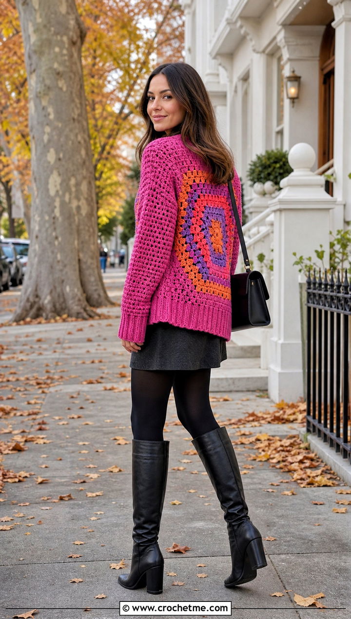 Ribbed Cuff Hexagon Cardigan With Granny Square Back And Mini Skirt - 20 Hexagon Cardigan With Granny Square Back outfit ideas