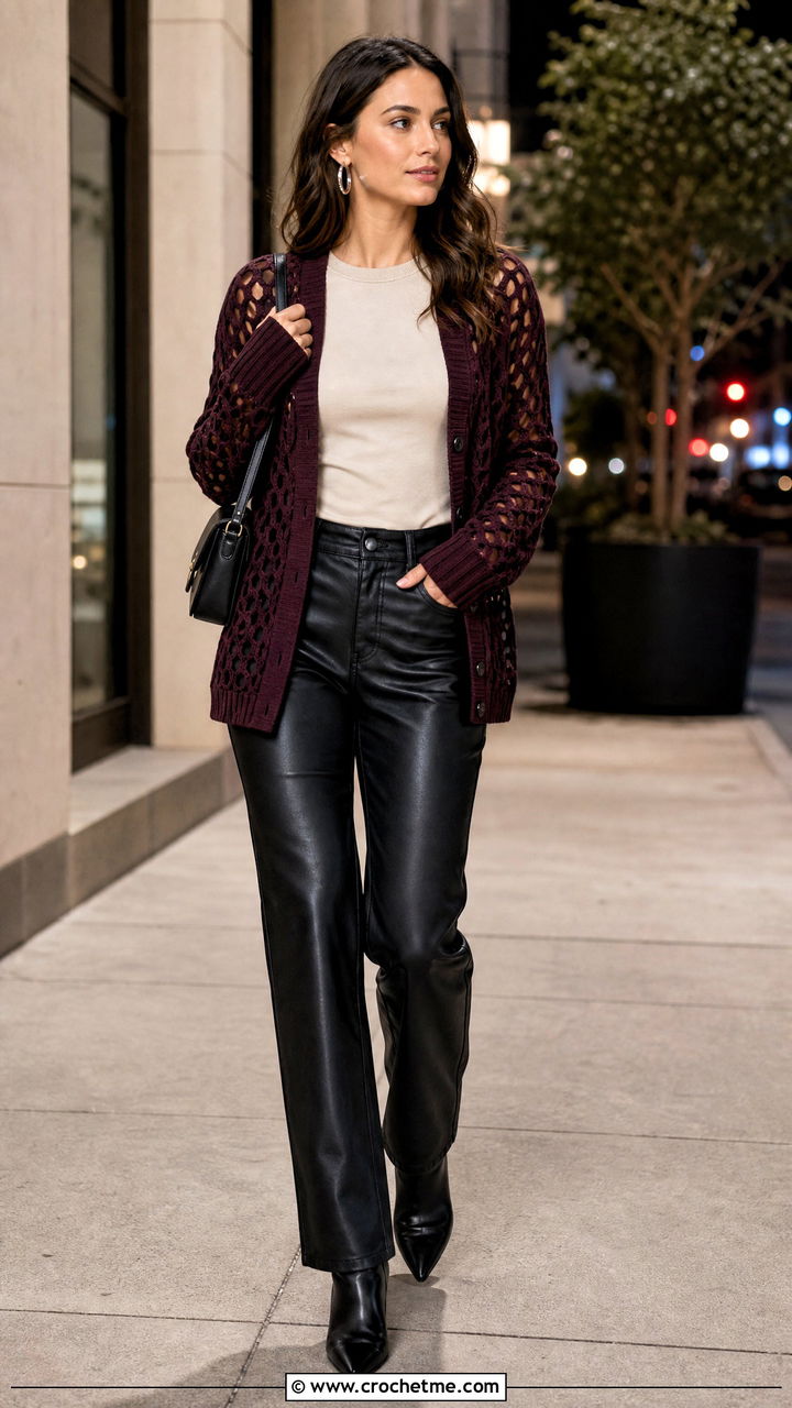 Ribbed Cuff Hexagon Cardigan With Leather Pants - 35 crochet hexagon sweater outfit ideas