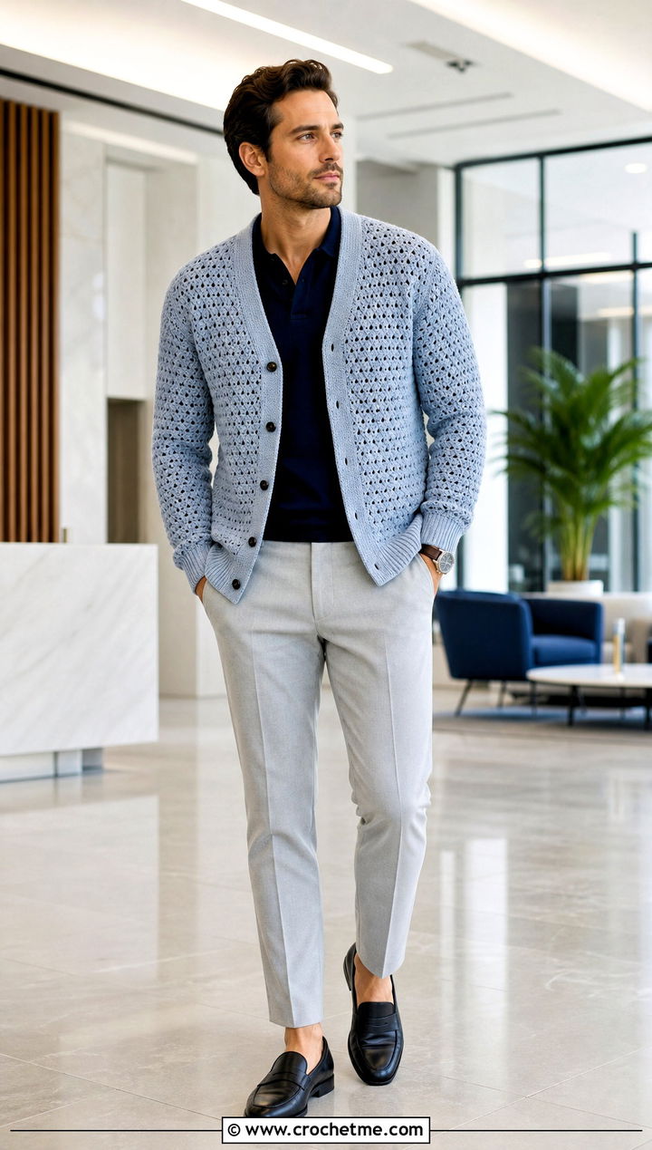 Ribbed Cuff Hexagon Crochet Cardigan With Knit Polo And Tailored Pants - 35 men hexagon crochet cardigan outfit ideas