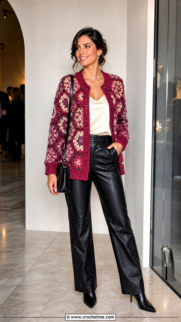 Ribbed Cuff Hexagon Granny Square Cardigan With Leather Pants - 35 hexagon granny square cardigan outfit ideas