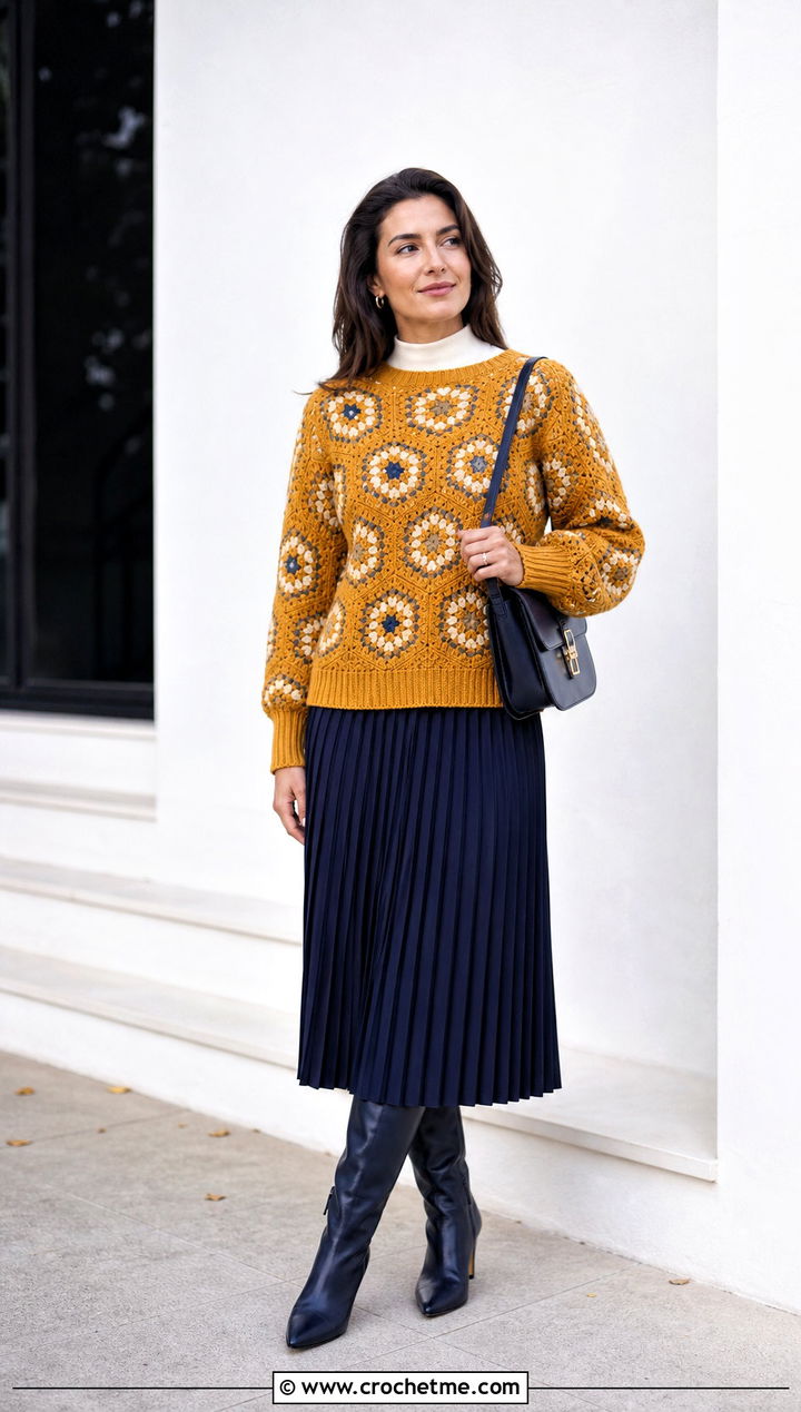 Ribbed Cuff Hexagon Granny Square Pullover With Pleated Midi Skirt - 25 Hexagon Granny Square Pullover outfit ideas