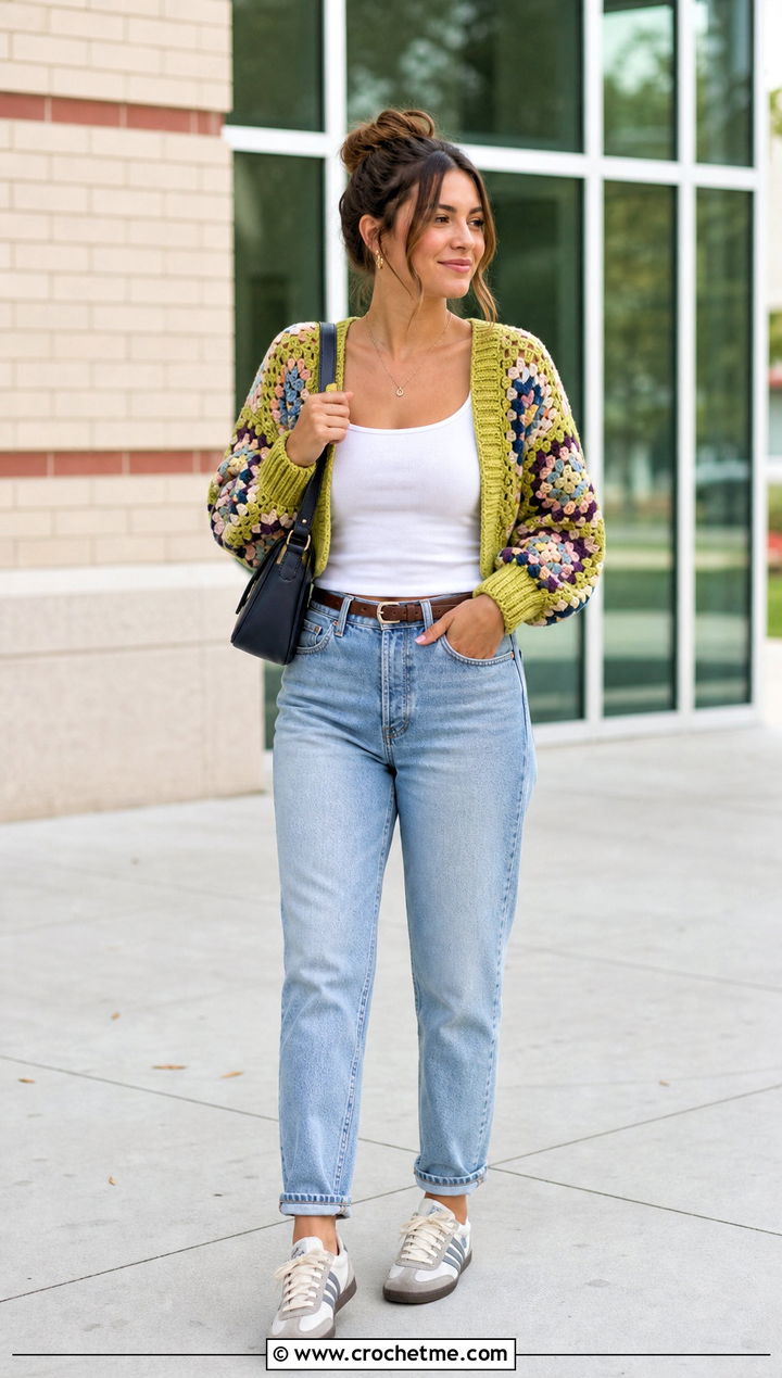 Ribbed Cuff Hexagon Granny Square Sweater With Mom Jeans - 35 hexagon granny square sweater outfit ideas