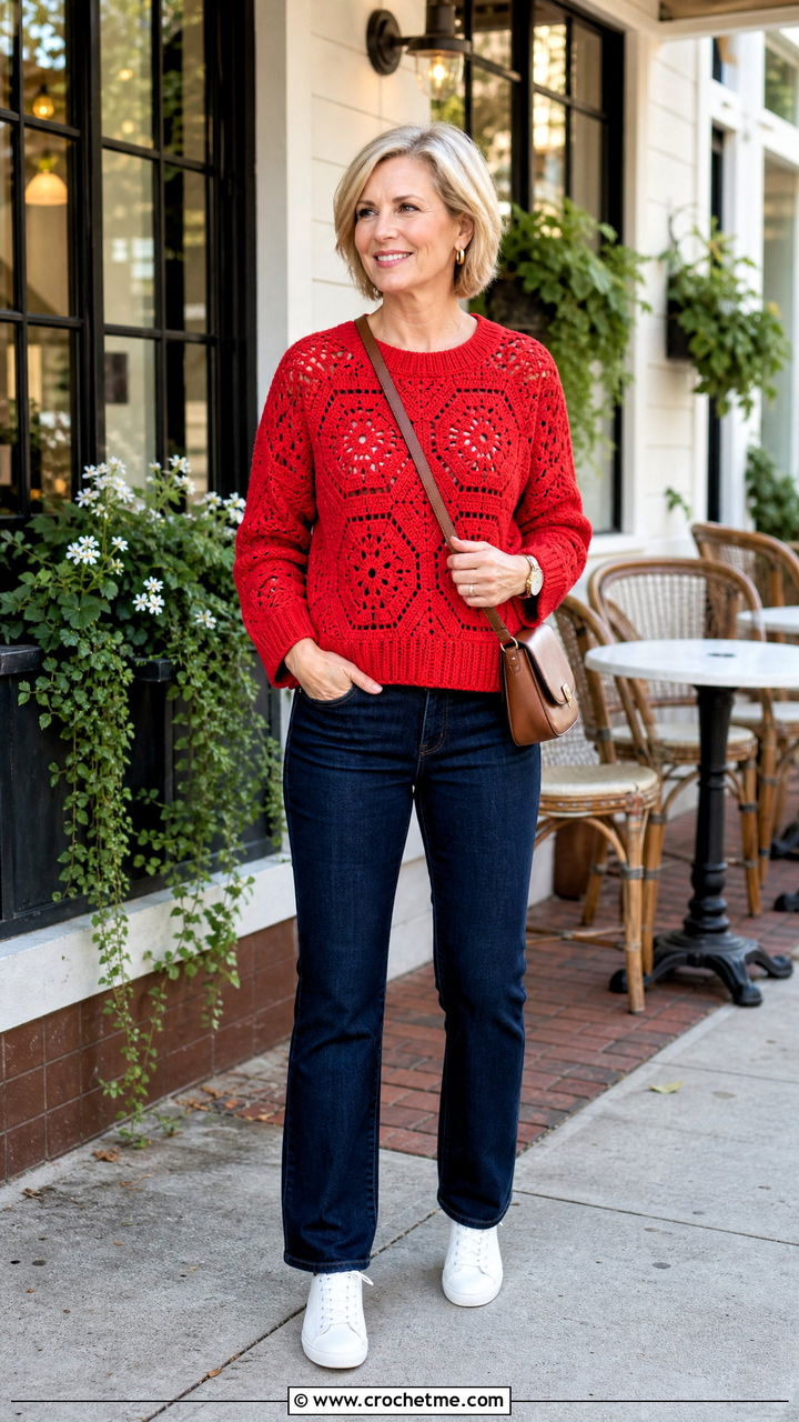 Ribbed Cuff Hexagon Pullover With Straight Leg Jeans - 35 crochet hexagon pullover outfit ideas