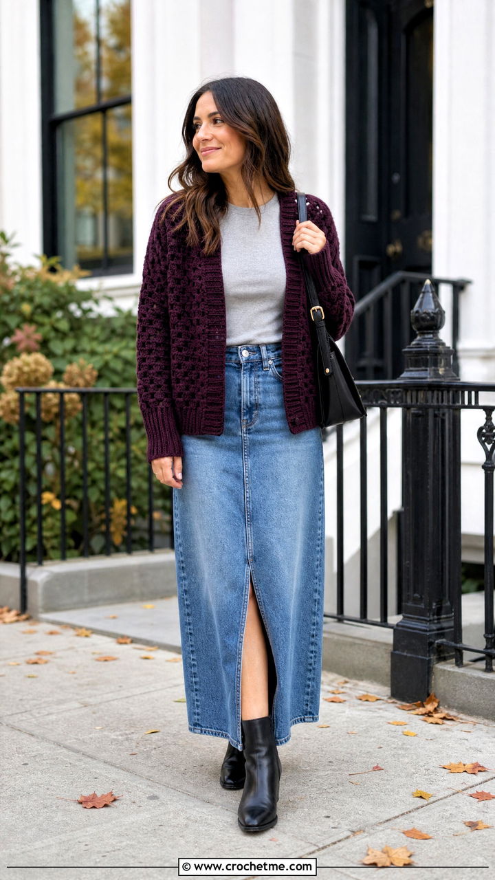 Ribbed Cuff Hexi Cardi With Denim Maxi Skirt - 35 crochet hexi cardi outfit ideas