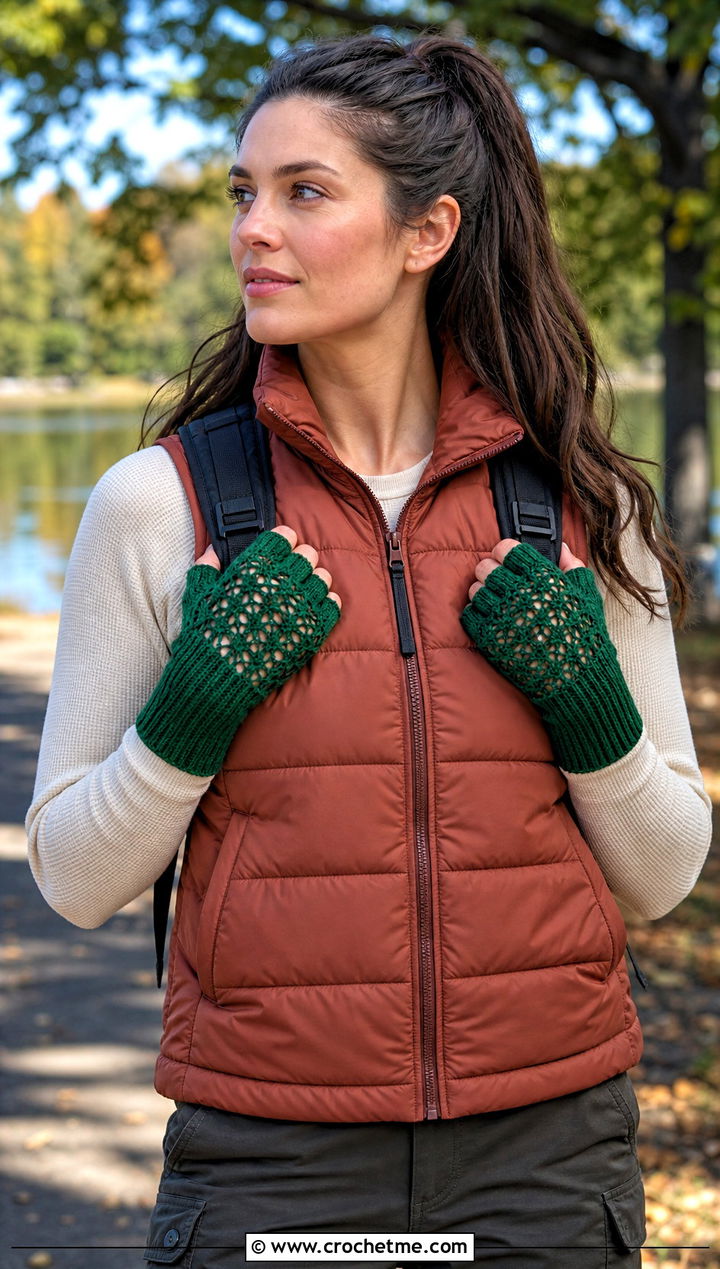 Ribbed Cuff Lace Mitts With Puffer Vest - 20 Crochet Lace Hand Warmers outfit ideas