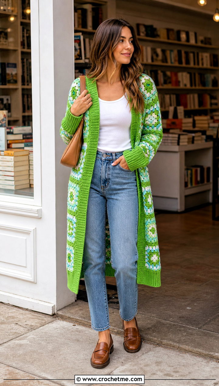 Ribbed Cuff Long Granny Square Cardigan With Mom Jeans - 35 long granny square cardigan outfit ideas